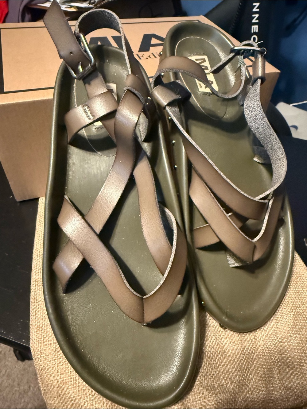 MIA Olive Green and Brown Crisscross Strap Sandals